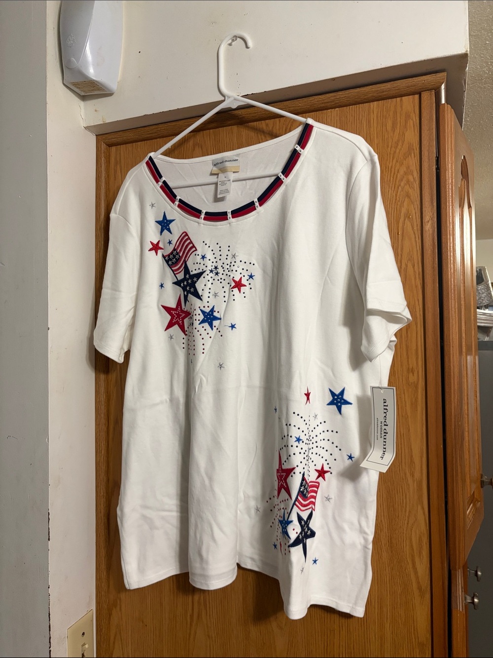 Alfred Dunner White Tee with Red & Navy Trim and Star Embroidery
